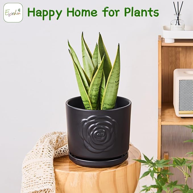 Ekirlin 7 Inch Plant Pots, Ceramic Rose Flower Planters Indoor, Modern Succulents Containers with Drain Hole Saucer, Weatherproof Pot for Home Decorate, Outdoor & Garden (Black)