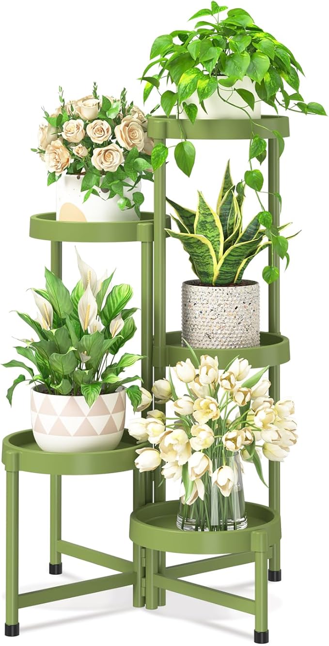 iDavosic.ly 5 Tier Folding Plant Stand Indoor Outdoor with Plastic Tray, Tiered Corner Flower Holder Shelf, Metal Orchid Display Rack for Patio Porch Living Room Garden Balcony, Green