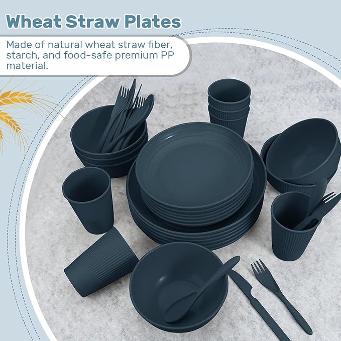 Wheat Straw Dinnerware Sets for 6 (42pcs), SGAOFIEE Plastic Plates and Bowls Sets, Dinner Plates, Pasta Bowls, Cereal Bowls, Microwave Dishwasher Safe Plates and Bowls Sets, Camping Dishes, Blue