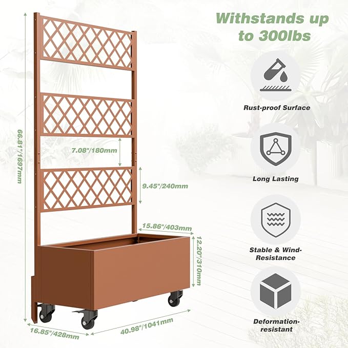 Kinchox Metal Raised Garden Bed with Trellis Outdoor Metal Planter Box with Planting Pockets Garden Box for Climbing Plants Privacy Planters for Patio