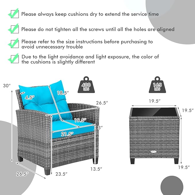 HAPPYGRILL 3 Pieces Patio Conversation Set, Outdoor Furniture Set PE Rattan Sofa Set with Removable Cushions, PE Wicker Chairs with Tempered Glass Side Table for Porch Lawn Garden Balcony Backyard