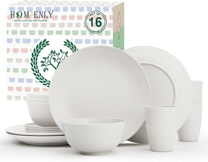 Homienly Wheat Straw Dinnerware Sets - 16 PCS Unbreakable Dinner Plates,Dessert Plates,Cereal Bowls,Drinking Cups,Dishes Sets for 4，Reusable Dishwasher & Microwave Safe for Kitchen - White