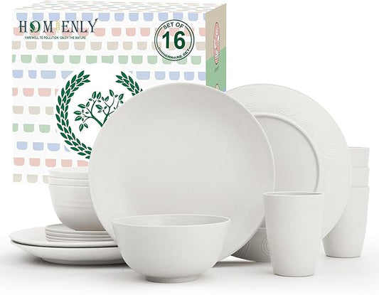 Homienly Wheat Straw Dinnerware Sets - 16 PCS Unbreakable Dinner Plates,Dessert Plates,Cereal Bowls,Drinking Cups,Dishes Sets for 4，Reusable Dishwasher & Microwave Safe for Kitchen - White