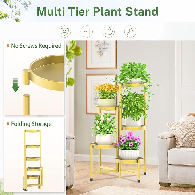iDavosic.ly Plant Stand Indoor Outdoor, 5 Tier Corner Metal Flower Display Holder Shelf, Folding Tall Orchid Rack for Patio Balcony Porch Garden Living Room House, Gold
