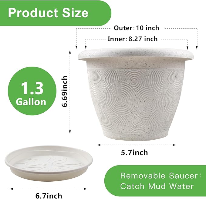 Plastic Flower Pots Planters for Indoor Plants, 3 Pack 10 Inch White Plant Pots with Drainage Hole & Tray, Modern Decorative Large Plant Pot with Saucer for Indoor Outdoor Plants Garden House Planter