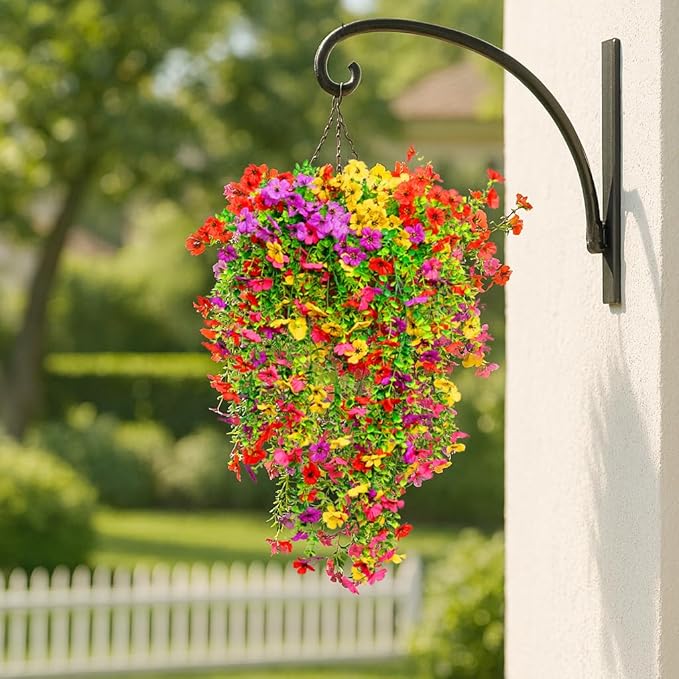 8PCS Artificial Hanging Flowers for Outdoors,Hanging Outdoor Faux Plants,UV Resistant Fake Flowers for Outdoor Planters,Realistic Fake Plants Spring Decor for Porch,Patio,Yard (RedYellowPurple)