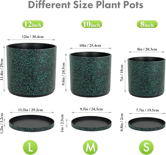12/10/8 inch Large Deep Plant Pots for Outdoor Indoor Plants, 3 Pack Tall Cylinder Flower Pots, Plastic Planters with Drainage Holes and Saucers for Garden House, Black with Green Speckles