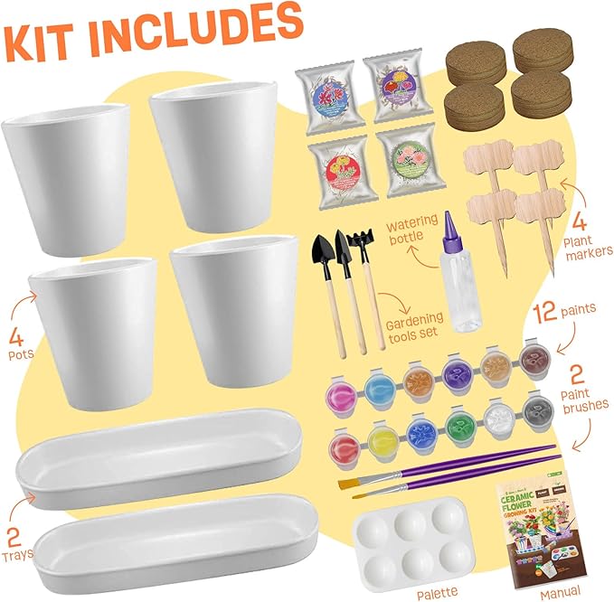 4 Set Paint & Plant Flower Gardening Kit - Gifts for Girls Ages 8-12, Arts and Crafts for Kids Ages 8-12, Kids Gardening Set, Toys Birthday for Girls Boys Ages 6 7 8 9 10 11 12
