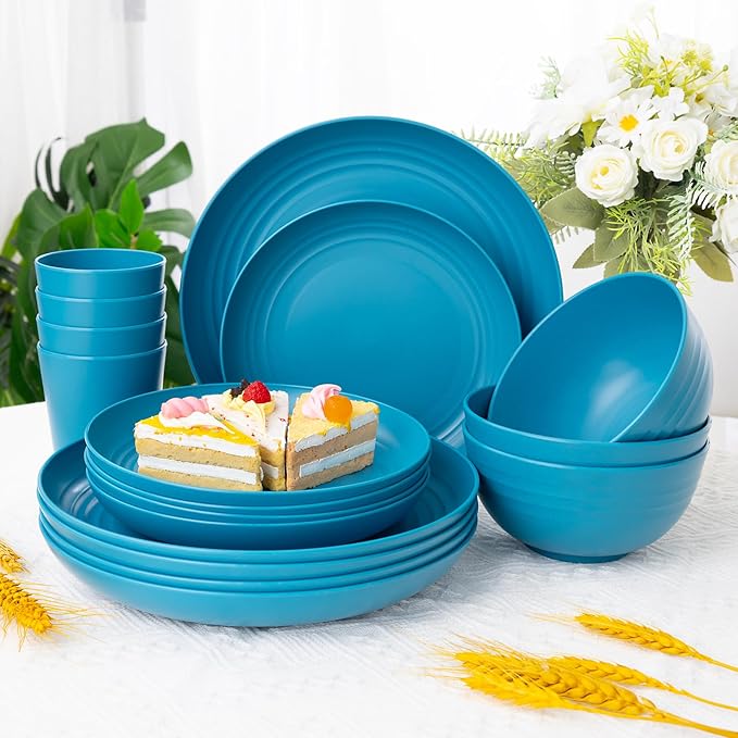 LIYH 48 Pcs Blue Plastic Wheat Straw Dinnerware, Plates and Bowls Set, Camping Dish Set for 12, Dishwasher Safe Dinnerware Sets, Unbreakable Plastic, Camper Dish Sets