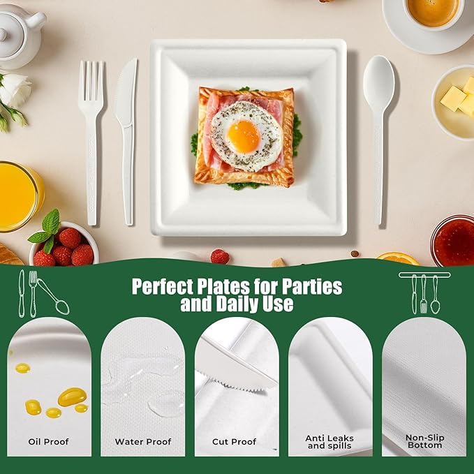 100% Compostable Paper Plates, and Biodegradable Set Includes Forks Spoons and Knives Perfect for Eco Friendly Parties and Gatherings（White 300pcs)