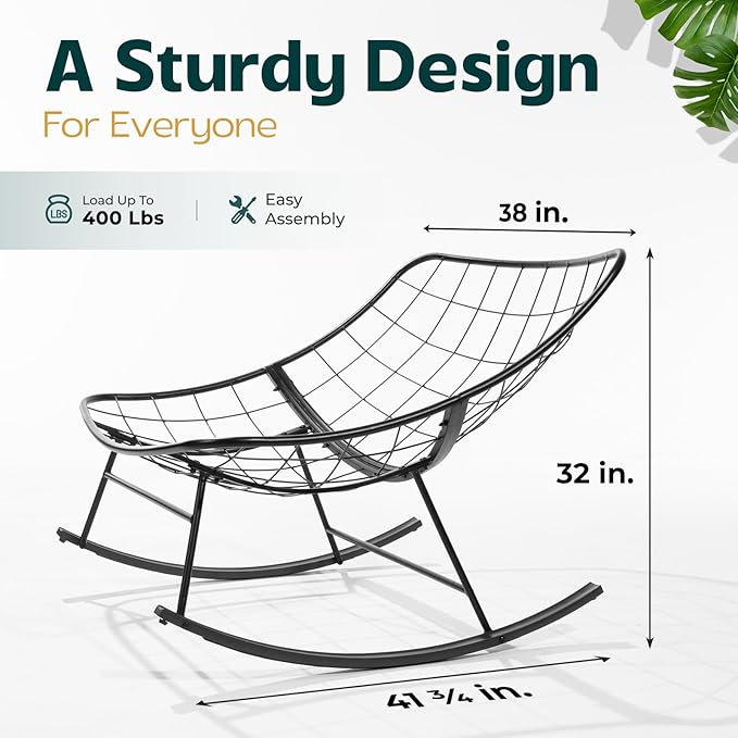 Bme Patio Rocking Chair Outdoor & Indoor, Metal Patio Lounge Rocking Chair with Thick Cushion, Comfy Modern Rocker Chair for Living Room, Porch, Backyard, Beige Cushion - Black Matte Rocker
