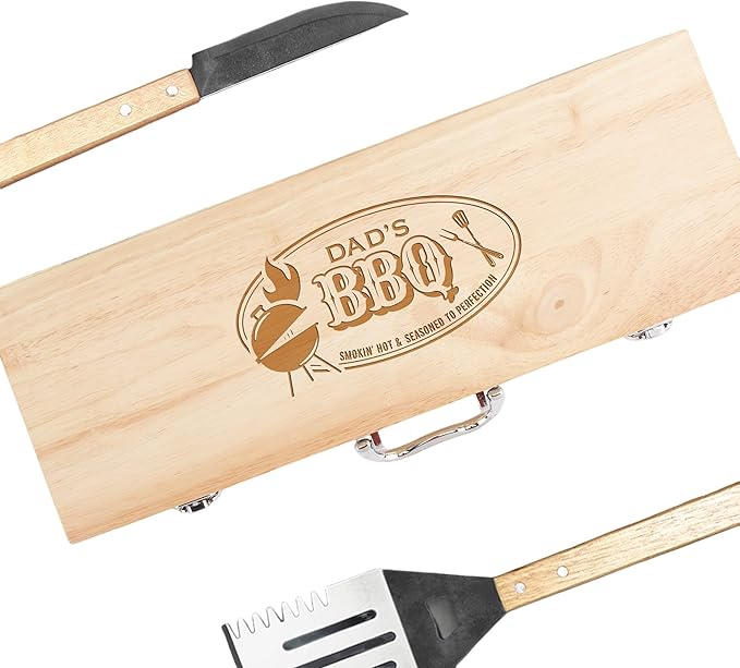 Custom Engraved BBQ Grill Set for Dad, 11pc Grilling Tool Accessories, Father's Day Grill Gift, Wooden BBQ Gifts for Men, Stainless Steel Barbecue Tool Set