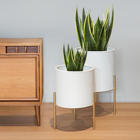 ARNIS Modern Planter Pots, Large Planters with Stand, Set of 2 Metal Planters for Indoor Plants with Drainage Holes for Living Room, Office, Garden or Balcony (White, 10.5 &12.25 Inch)