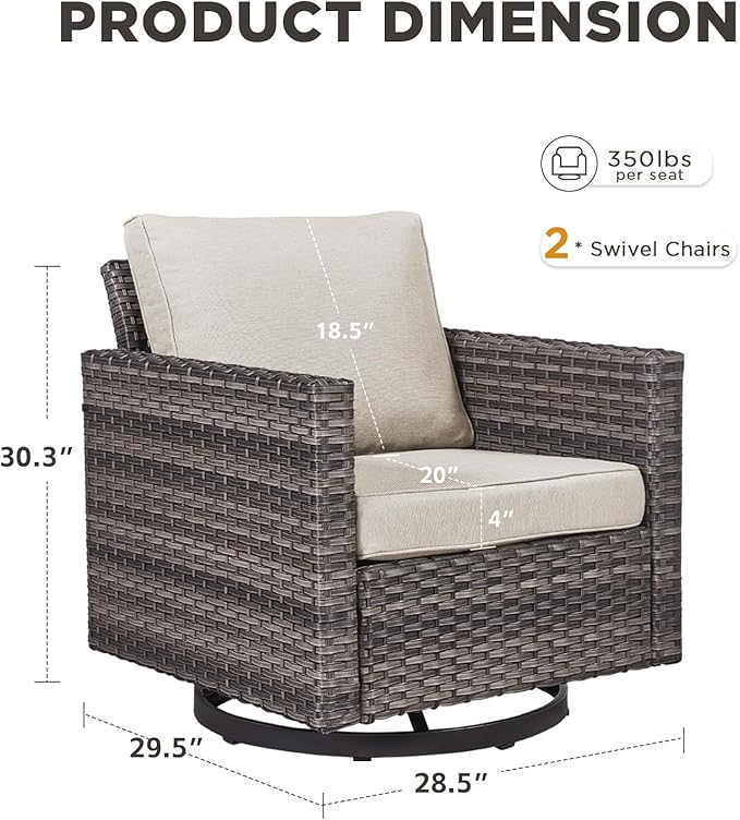 Wicker Swivel Rocker Patio Chairs-High Back Outdoor Swivel Chairs Set of 2 with Thickened Cushions Wide Armrest All Weather Patio Furniture Set for Deck Porch Balcony(Grey/Beige)