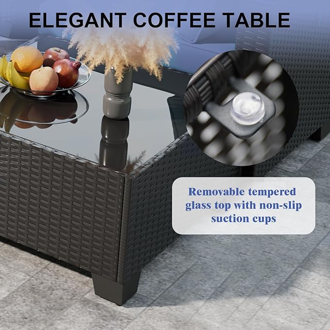 Patio Furniture Set with Fire Pit Table 28", 8-Piece Outdoor Furniture Set with Thick Cushions, Wicker Sectional Sofa for Porch Garden Backyard, Coffee/Blue