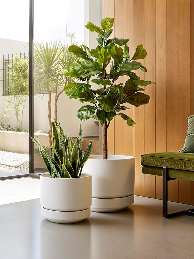 LE TAUCI Large 14 Inch Plant Pot with Saucer | Ceramic Outdoor & Indoor Big Planter Pot | Drainage Hole, Mesh Pad & Plug | Unglazed Porous | Modern Minimalist for Home and Patio – Chalk White