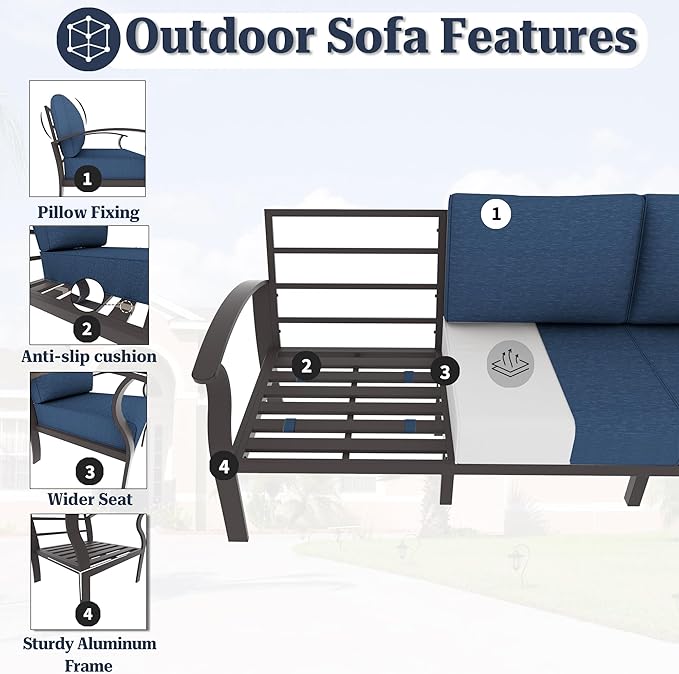 Kurapika Patio Furniture Set 10-Piece Aluminum Sectional Sofa with Armrest, Modern Outdoor Conversation Set w/55000 BTU Propane Fire Pit Table, Metal Corner Sofa with Ottoman, Navy Blue