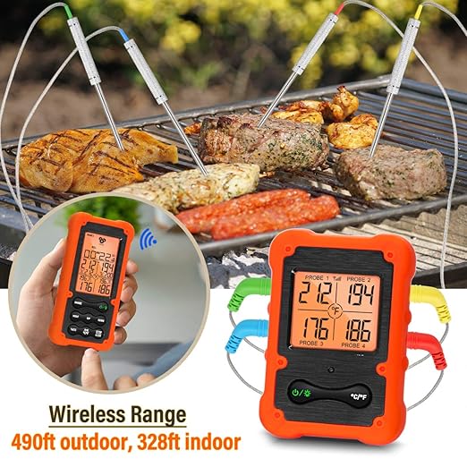 Grill Smoker BBQ Cooking Food Thermometer Oven Safe - Digital Wireless Meat Thermometer for Grilling Smoking with 4 Probes - Kitchen Baking Steak Turkey Candy Thermometers, not for Medical Purposes