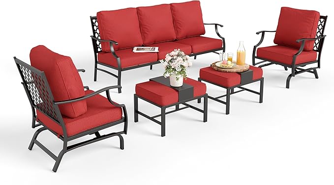 Patio Furniture Set 5 pcs, Outdoor Patio Furniture, 3-Seat Sofa, 2 Rocking Chairs, 2 Ottomans and 5.75" Extra Thick Cushion, Patio Conversation Set for Garden Backyard Deck,Red