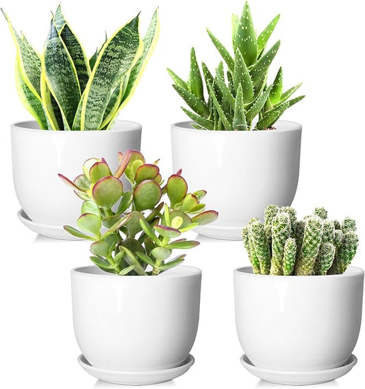Ceramic Plant Pots,White 5.5 Inch Flower Pots for Plants,Ceramic Planter with Drainage Holes,Indoor Planter Pots with Saucer,Outdoor Garden Pots (White, 4 Pack)