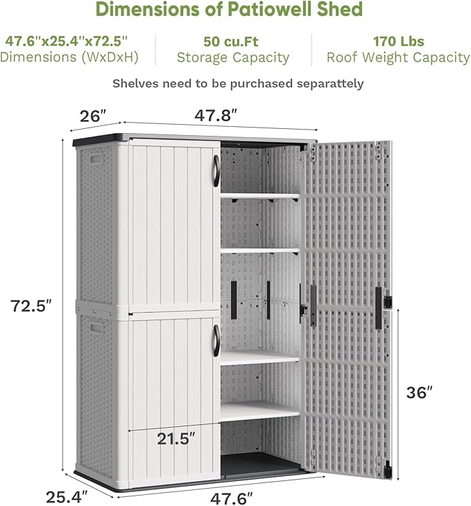 Patiowell 50 cu.ft Plastic Outdoor Storage Shed, Lockable Waterproof Resin Storage Cabinet Vertical Storage Shed for Garden Tools, Garbage Cans, Pool Supplies, White(Not Include Shelves)