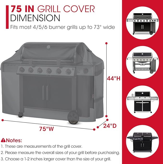 Unicook Grill Cover 75 Inch, Outdoor Heavy Duty Waterproof Large BBQ Cover, Compatible with Weber, Char-Broil, Nexgrill and More Grills, All Weather Protection, Grey