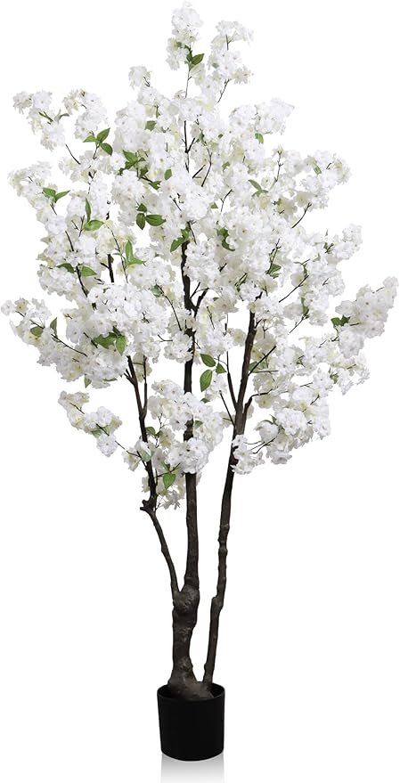 Artificial White Cherry Blossom Tree 6ft(72in) Faux Floor Green Plant for Indoor Decor Natural Potted Tree Realistic Cherry Flowers Wood Trunk for Home Living Room,Office Perfect Housewarming Gift