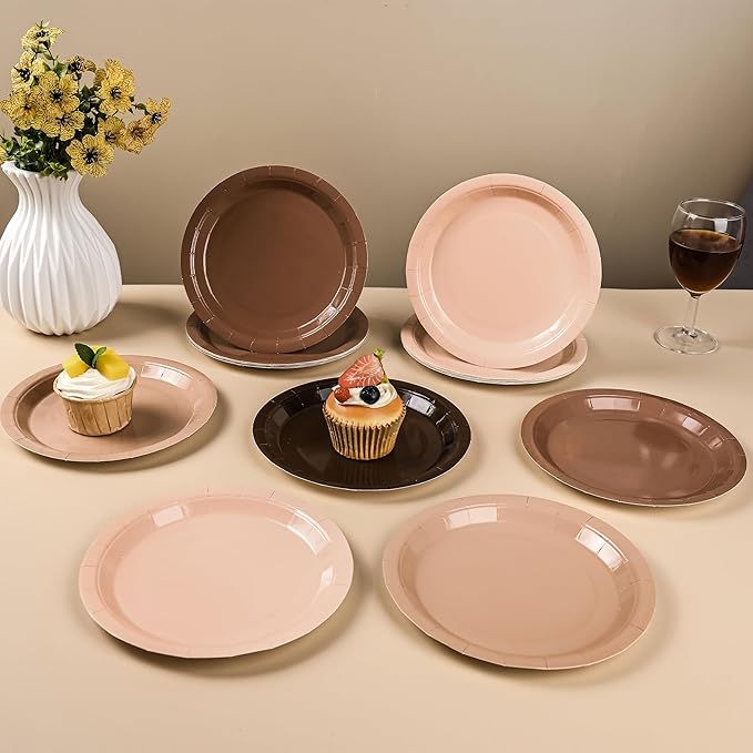 24Pcs Brown Paper Plates Gradient Brown Party Plates 4 Colors 7”Disposable Round Dessert Plates for Birthday Holiday Thanksgiving Gathering Party Supplies