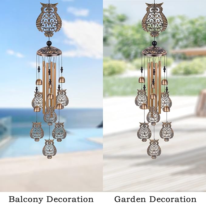 Bronze Owls Wind Chimes - Garden, Home & Patio, Balconies, Room, Indoor, Outdoor Decoration, Owl Windchimes Decor, Large Windchime, Outdoor Wind Catcher, Memorial Wind Bells Gifts for Mom & Women