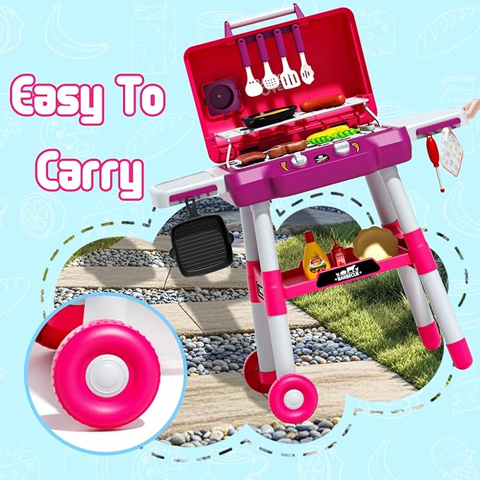 Kid Toy Grill, BBQ Grill Playset with Light Sound, Smoke Effect and 2 Wheels, Pretend Food, Little Chef Play Kitchen Accessories, Birthday for Boys Girls Ages 3 4 5 6 7 8