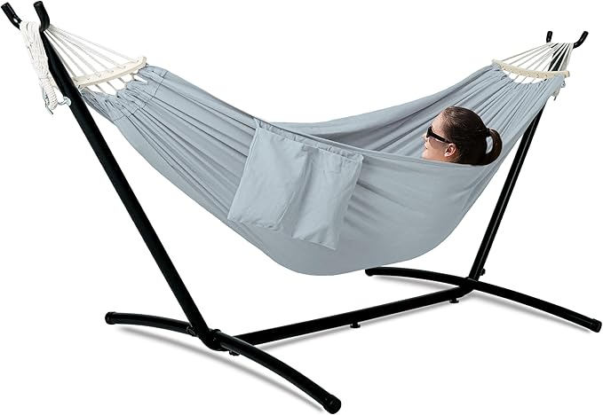 Double Hammock with Stand for Outside, Upgraded Spreader Bar, Heavy Duty Space Saving Steel Stand 2 Person, Side Pockets, Easy Assembly, 600lbs Weight Capacity, Indoor & Outdoor (Light Grey)