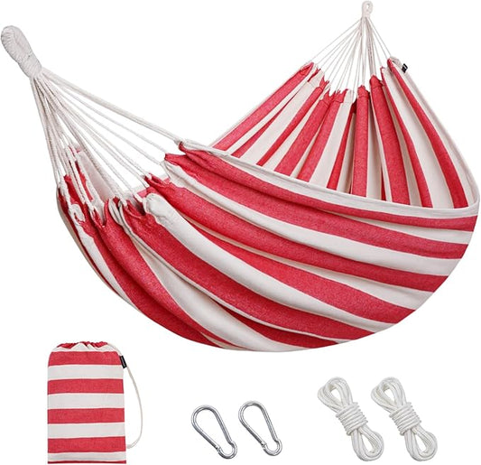 Brazilian Double Hammock 2 Person with Tree Straps, Cotton Hammock with Carrying Bag - Woven Hammock for Patio, Backyard, Porch, Outdoor and Indoor Use - Soft Cotton Fabric Hammocks