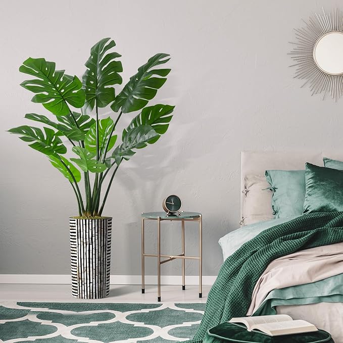 Artificial Tree in Black and Brown Striped Planter, Fake Monstera Silk Tree for Indoor and Outdoor Home Decoration - 65" Overall Tall (Plant Pot Plus Tree)