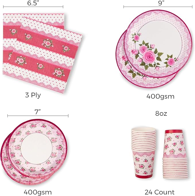 Royal Bluebonnet Rose Paper Plates and Napkins for Birthday Decorations - Set of 24 Sturdy 400 GSM Weighted Spring Paper Plates for Mothers Day, Disposable Floral Party Supplies for Easter Brunch