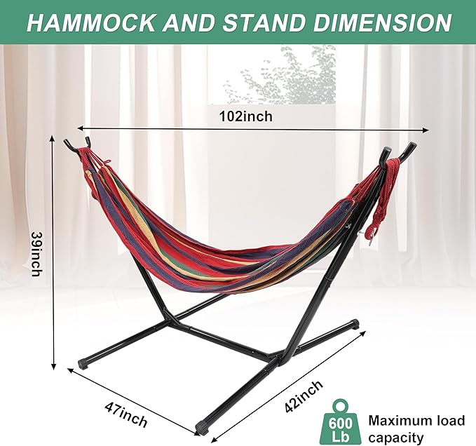 Hammock with Stand for Outside,600lb Weight Capacity Adjustable Height 3-in-1 Portable Hammock for Outdoor&Indoor Camping Backyard Bedroom(Hammock, Stand & Carry Bag)