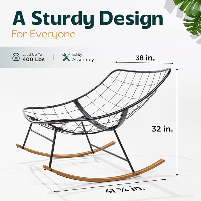 Bme Patio Rocking Chair Outdoor & Indoor, Metal Patio Lounge Rocking Chair with Thick Cushion, Comfy Modern Rocker Chair for Living Room, Porch, Backyard, Grey Cushion - Wood Texture Rocker