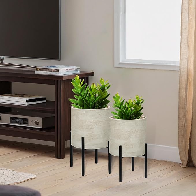 ARNIS Modern Plant Pots, Set of 2 Large Planters with Stand, Decorative Planters, Metal Pots with Drainage Holes for Living Room, Office, Garden or Balcony, 8.25 &10.5 Inch, Dirt