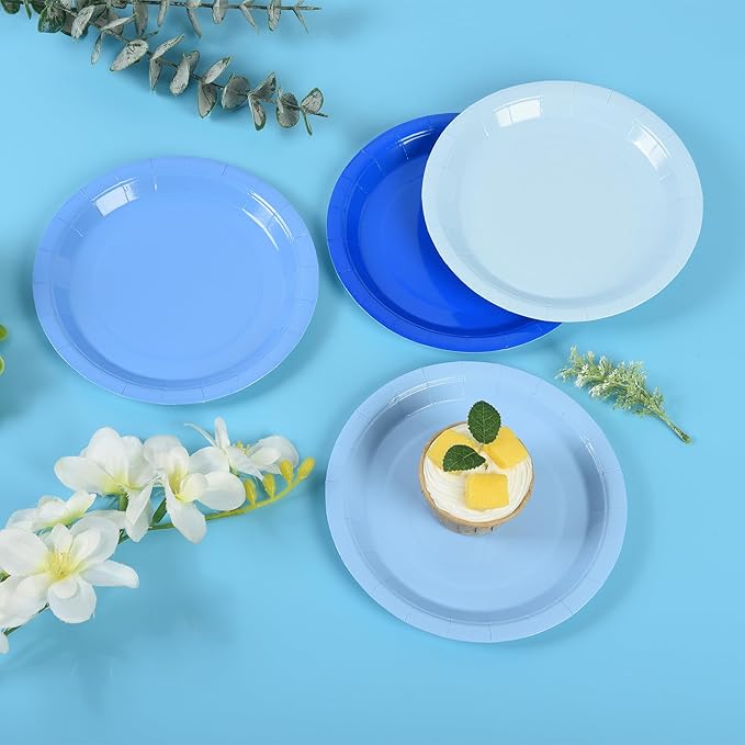 Blue Paper Plates Gradient Blue Party Plates 7”Disposable Round Dessert Plates for Birthday Wedding Bridal Baby Shower Hanukkah Party Supplies 4 Colors (24)