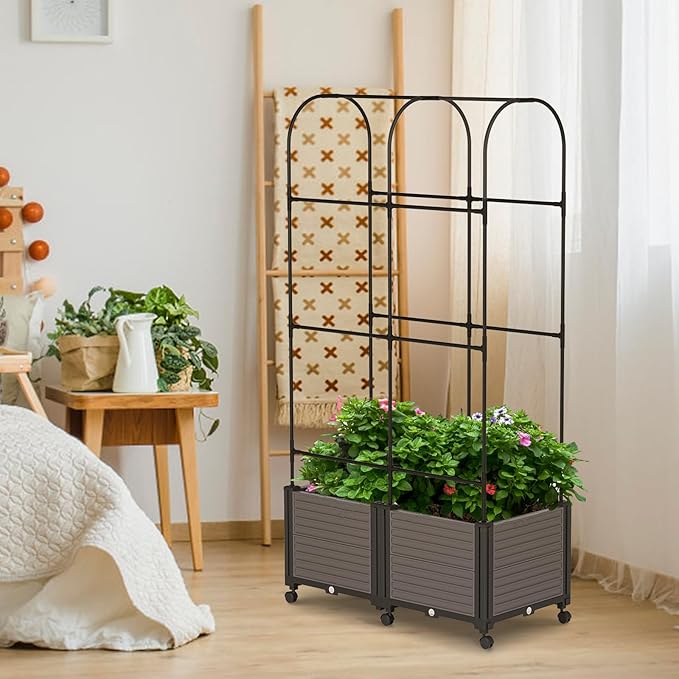 Raised Garden Bed Planter Box with Trellis, 72.8'' Tomato Planters for Climbing Plants Vegetable Vine Flowers Outdoor Patio Tomato Cage, Self Watering Planter with Wheels