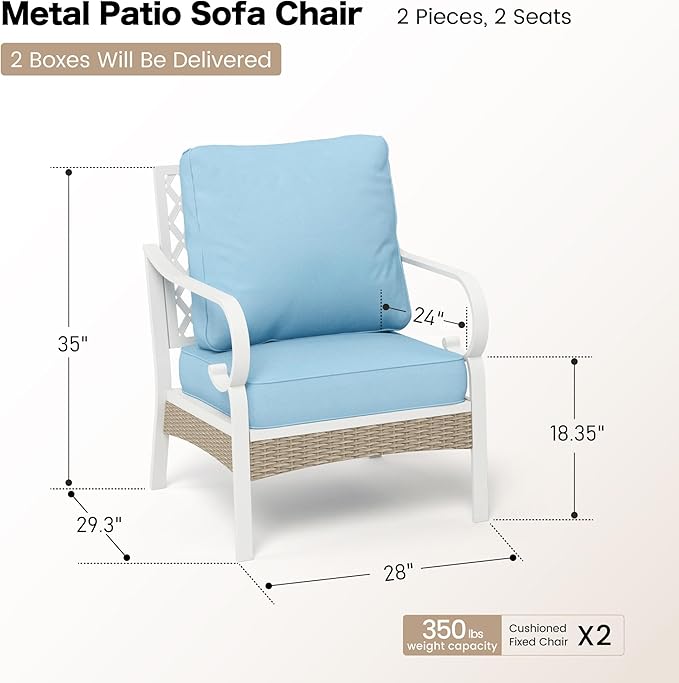 Metal Patio Chairs Set of 2 with 5.75" Extra Thick Cushion, 2 Pieces High Back Outdoor Patio Chairs All Weather White Outdoor Furniture Seating for Deck Backyard Balcony Porch, Blue
