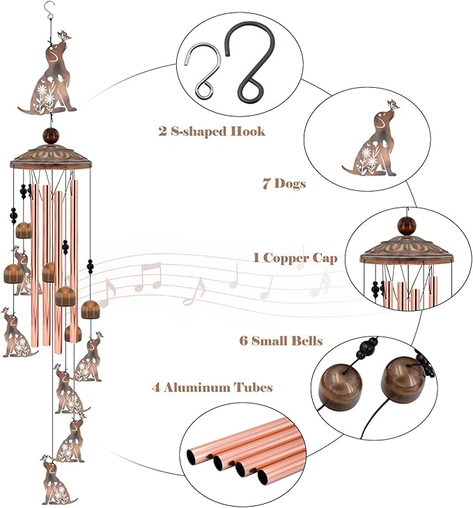 Dog Wind Chimes for Outside, 35‘’ Metal Dog WindChimes Gifts for Women/Men, Decoration for Outdoor, Home, Garden, Patio, Backyard