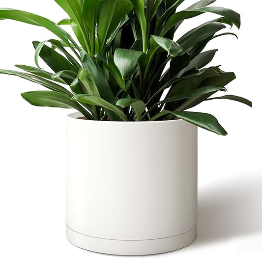 Giraffe Creation 12-Inch Round Cylinder Plant Pot, Modern Indoor/Outdoor Planter with Drainage Hole, Saucer & Water Reservoir, White