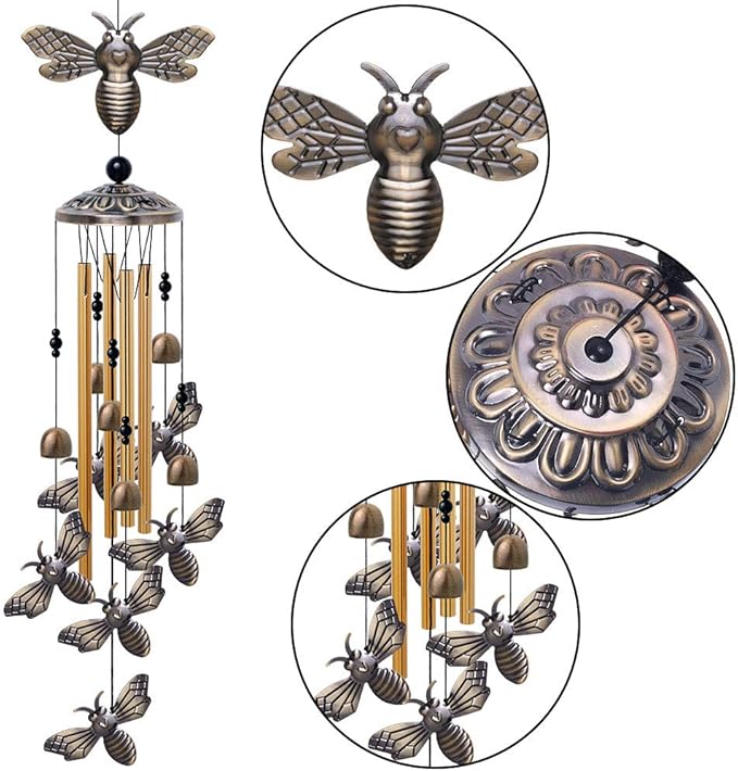Garden Bee Wind Chimes Outdoor Indoor Decor - with 4 Tubes 6 Bells 7 Bees Wind Chime, Mobile Romantic Bee Wind Catcher, Bees Windchimes for Home, Mom Gifts, Balcony, Tree, Festival, Garden Decoration