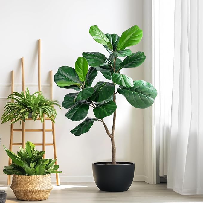 Artificial Fiddle Leaf Tree-4ft Faux Plant Fake Ficus Lyrata Tree Artificial Fig Silk Trees with Pot Floor Plants for Home Living Room Decor Indoor