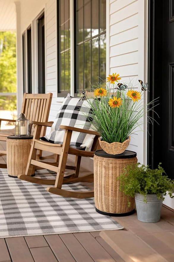 Artificial Plants Indoor with Pot, 17.3" Fake Potted Plants Artificial Onion Grass Plant with Yellow Daisies Flowers and Butterflies Small Faux Plant Indoor for Home Living Room Table Shelf Decor