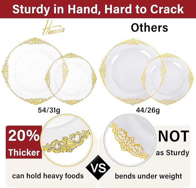 Hioasis 350pcs Clear and Gold Plastic Plates - Elegant Disposable Dinnerware Set Suitable for 50 Guests Include 10.25" Dinner & 7.5" Dessert Plates, Pre Rolled Silverware Set, Cups for Party & Wedding