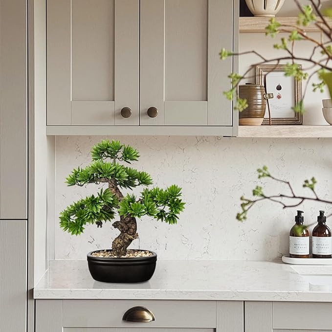Fake Bonsai Tree Small Bonsai Plant 15.7” Tall Artificial Bonsai Trees with Black Pot Decorated with Pebbles Desk Plant Indoor Bonsai for Home Office Decor