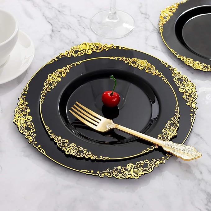 Hioasis 175pcs Black and Gold Plastic Plates - Elegant Disposable Dinnerware Set Suitable for 25 Guests Include 10.25" Dinner & 7.5" Dessert Plates, Cutlery, Napkins, Cups for Party & Halloween