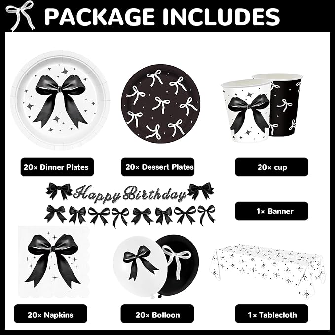 102pcs Black Bow Birthday Party Coquette Decorations Includ Black and White Balloons Banner Paper Plates Napkins Cups Tableware Set with Tablecloth Serve 20 Guests