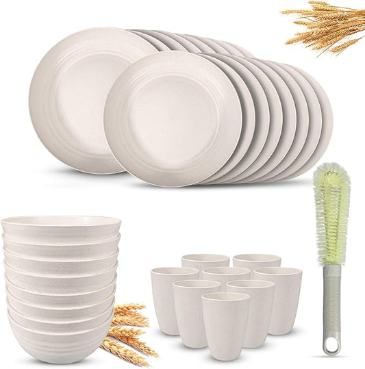Kitchen Wheat Straw Dinnerware Sets (33pcs) Attached cleaning brush,Service For 8,Plastic Plates and Bowls Sets,Unbreakable Dinnerware,Lightweight Plastic Plate Set (off-white)